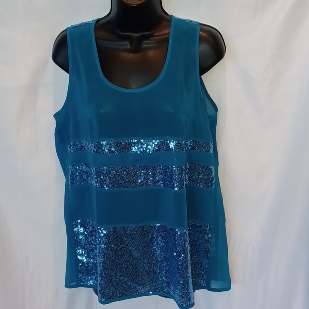 SIMPLY NOELLE beautiful sheer sleeveless top with turquoise sequins, NWT